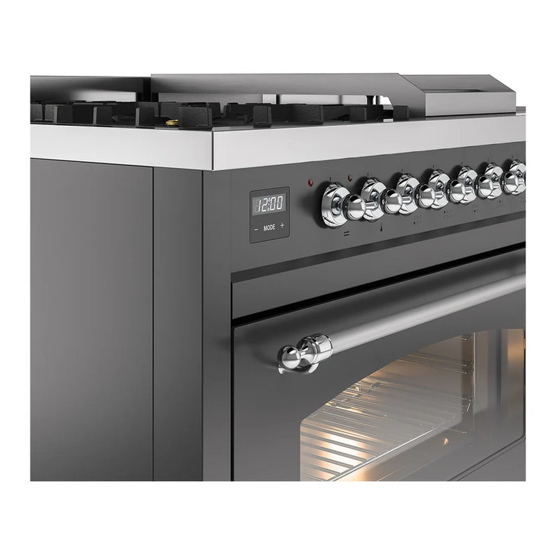ILVE Nostalgie II 48" Dual Fuel Freestanding Range in Graphite Matte with Chrome Trim, UP48FSNMPMGC