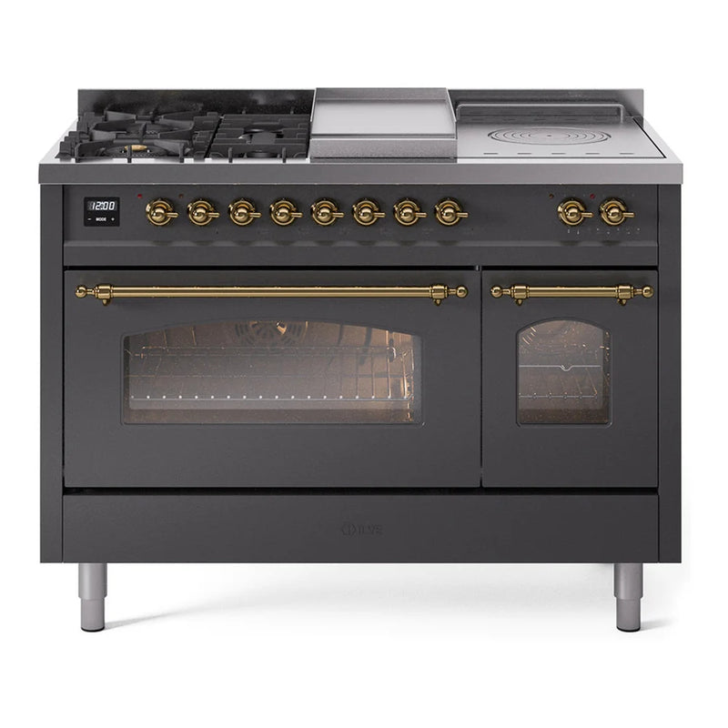 ILVE Nostalgie II 48" Dual Fuel Freestanding Range in Graphite Matte with Brass Trim, UP48FSNMPMGGLP