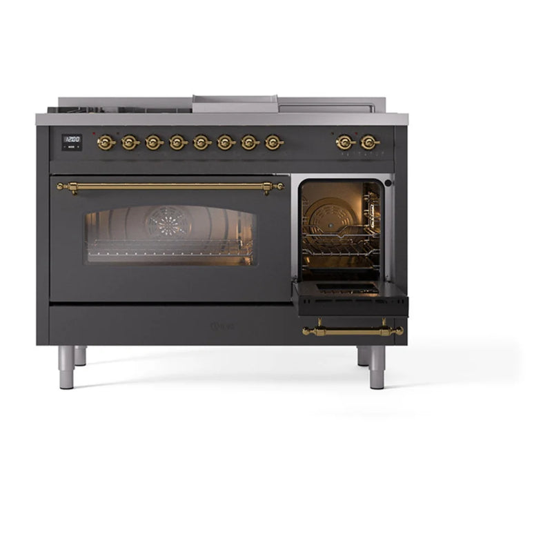 ILVE Nostalgie II 48" Dual Fuel Freestanding Range in Graphite Matte with Brass Trim, UP48FSNMPMGGLP