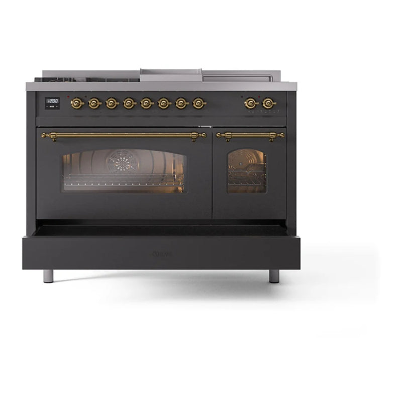 ILVE Nostalgie II 48" Dual Fuel Freestanding Range in Graphite Matte with Brass Trim, UP48FSNMPMGGLP