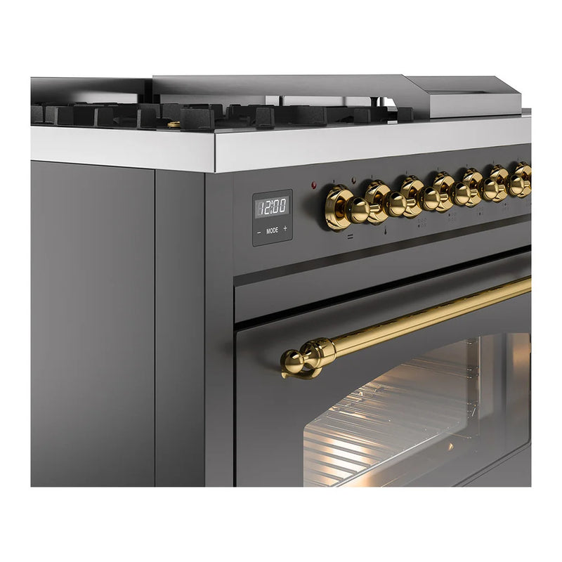 ILVE Nostalgie II 48" Dual Fuel Freestanding Range in Graphite Matte with Brass Trim, UP48FSNMPMGGLP
