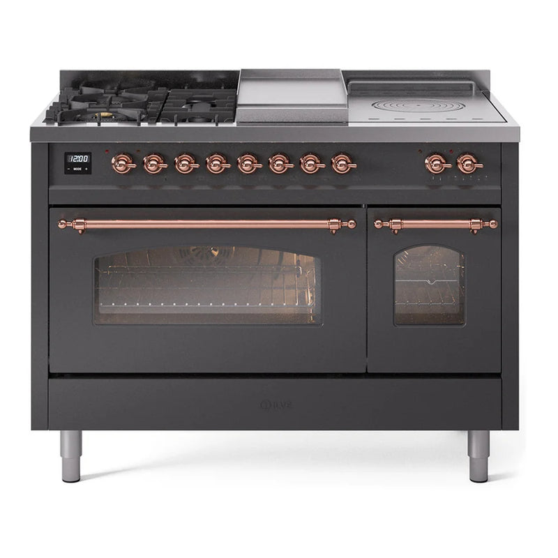 ILVE Nostalgie II 48" Dual Fuel Freestanding Range in Graphite Matte with Copper Trim, UP48FSNMPMGPLP