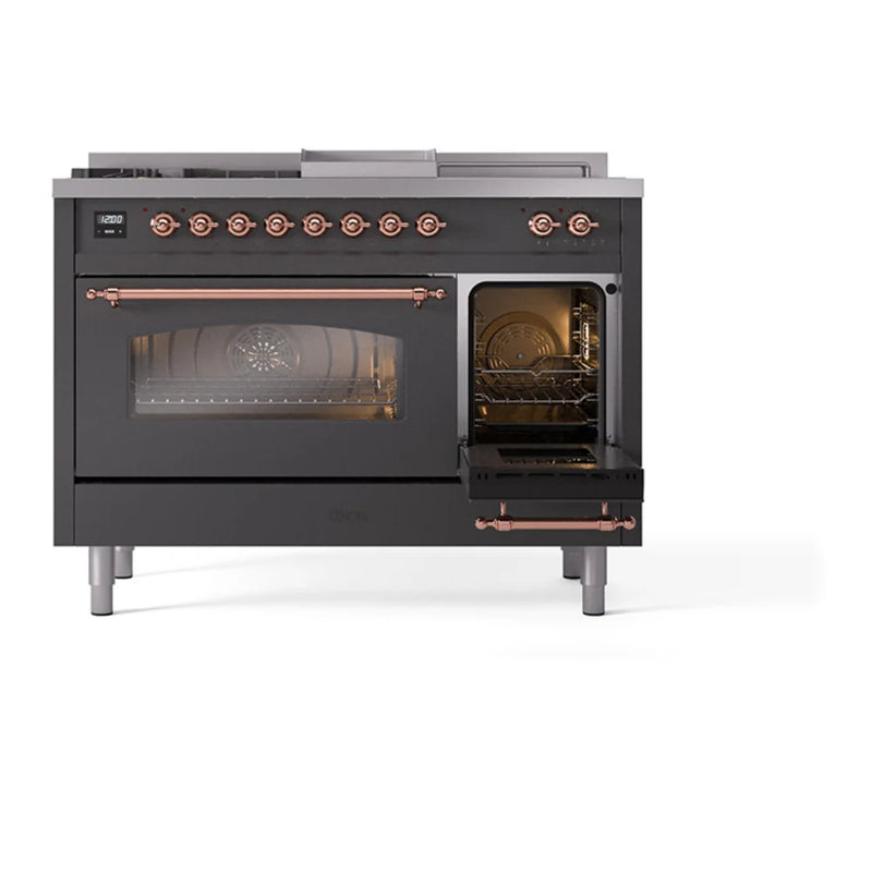 ILVE Nostalgie II 48" Dual Fuel Freestanding Range in Graphite Matte with Copper Trim, UP48FSNMPMGPLP
