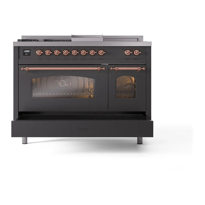 ILVE Nostalgie II 48" Dual Fuel Freestanding Range in Graphite Matte with Copper Trim, UP48FSNMPMGPLP