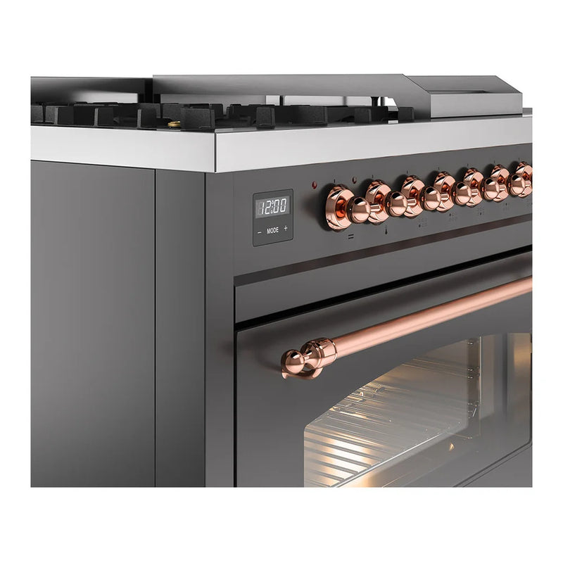 ILVE Nostalgie II 48" Dual Fuel Freestanding Range in Graphite Matte with Copper Trim, UP48FSNMPMGPLP