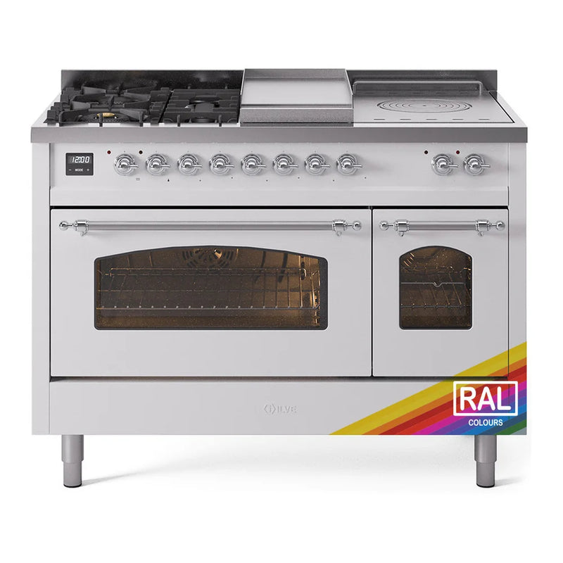 ILVE Nostalgie II 48" Dual Fuel Freestanding Range in RAL Color with Chrome Trim, UP48FSNMPRACLP