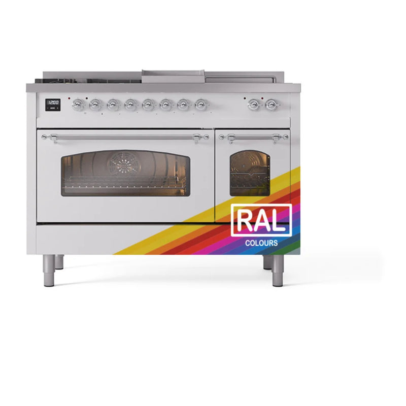 ILVE Nostalgie II 48" Dual Fuel Freestanding Range in RAL Color with Chrome Trim, UP48FSNMPRAC