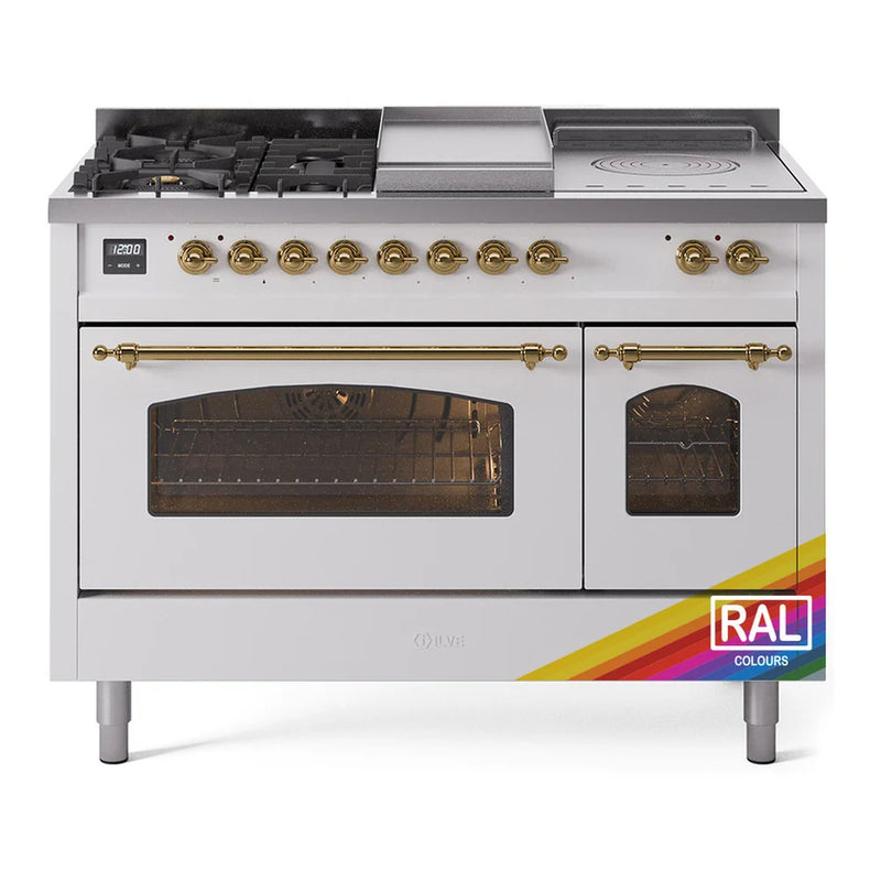 ILVE Nostalgie II 48" Dual Fuel Freestanding Range in RAL Color with Brass Trim, UP48FSNMPRAG