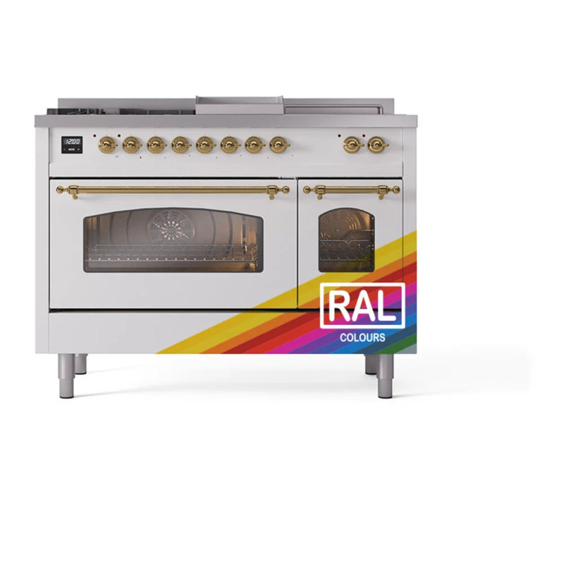 ILVE Nostalgie II 48" Dual Fuel Freestanding Range in RAL Color with Brass Trim, UP48FSNMPRAG