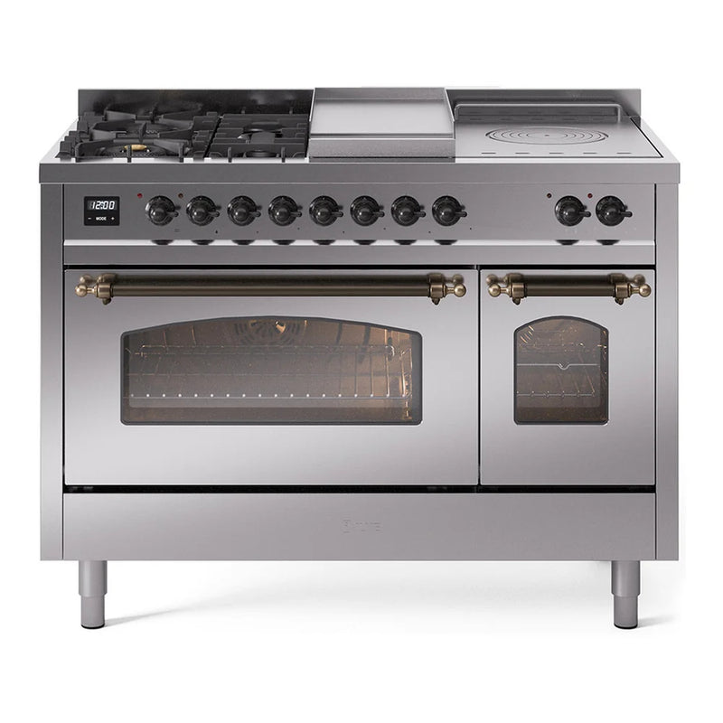 ILVE Nostalgie II 48" Dual Fuel Freestanding Range in Stainless Steel with Burnished Trim, UP48FSNMPSSBLP
