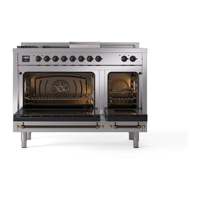 ILVE Nostalgie II 48" Dual Fuel Freestanding Range in Stainless Steel with Burnished Trim, UP48FSNMPSSBLP