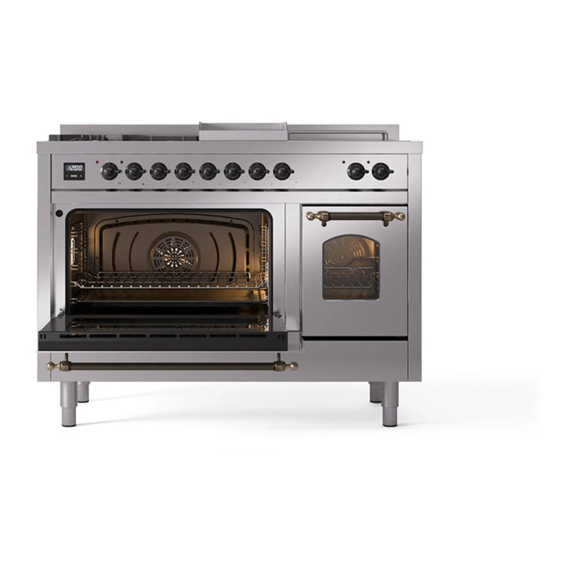 ILVE Nostalgie II 48" Dual Fuel Freestanding Range in Stainless Steel with Burnished Trim, UP48FSNMPSSBLP