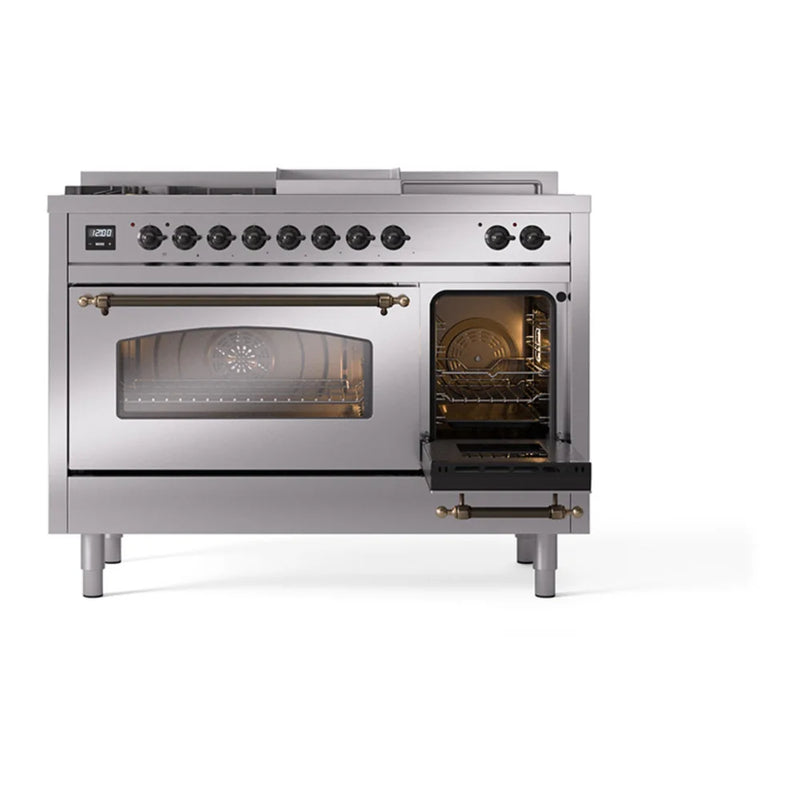ILVE Nostalgie II 48" Dual Fuel Freestanding Range in Stainless Steel with Burnished Trim, UP48FSNMPSSBLP