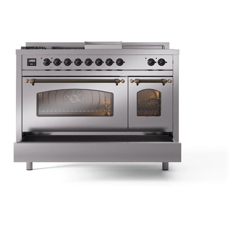 ILVE Nostalgie II 48" Dual Fuel Freestanding Range in Stainless Steel with Burnished Trim, UP48FSNMPSSB