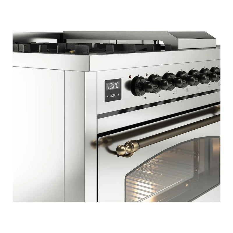 ILVE Nostalgie II 48" Dual Fuel Freestanding Range in Stainless Steel with Burnished Trim, UP48FSNMPSSB
