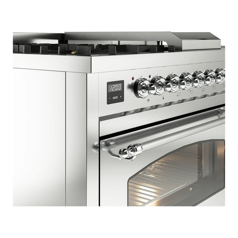 ILVE Nostalgie II 48" Dual Fuel Freestanding Range in Stainless Steel with Chrome Trim, UP48FSNMPSSCLP