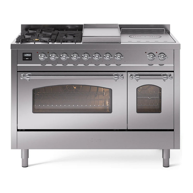 ILVE Nostalgie II 48" Dual Fuel Freestanding Range in Stainless Steel with Chrome Trim, UP48FSNMPSSC
