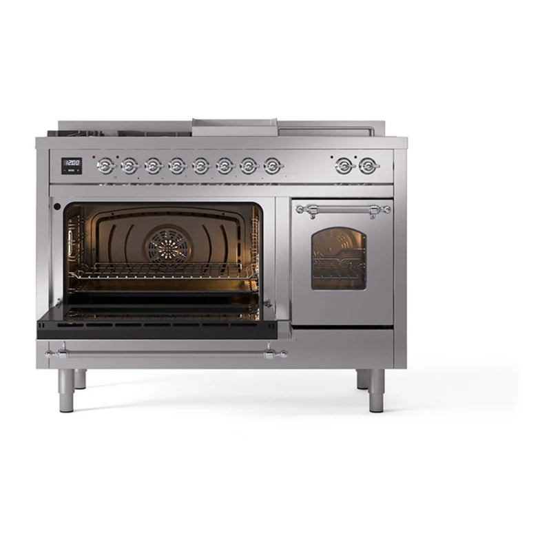 ILVE Nostalgie II 48" Dual Fuel Freestanding Range in Stainless Steel with Chrome Trim, UP48FSNMPSSC