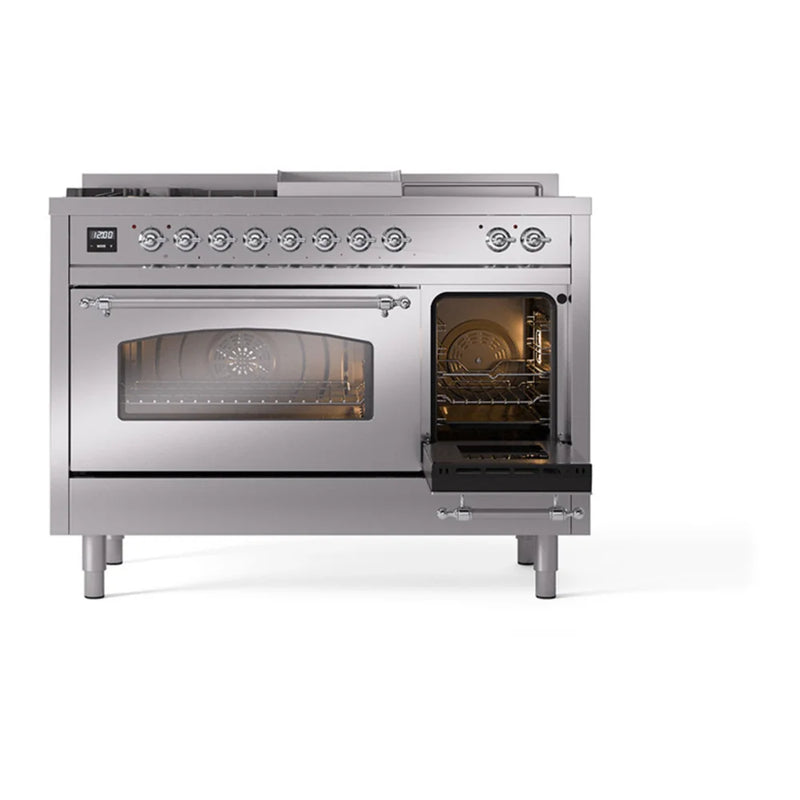 ILVE Nostalgie II 48" Dual Fuel Freestanding Range in Stainless Steel with Chrome Trim, UP48FSNMPSSC