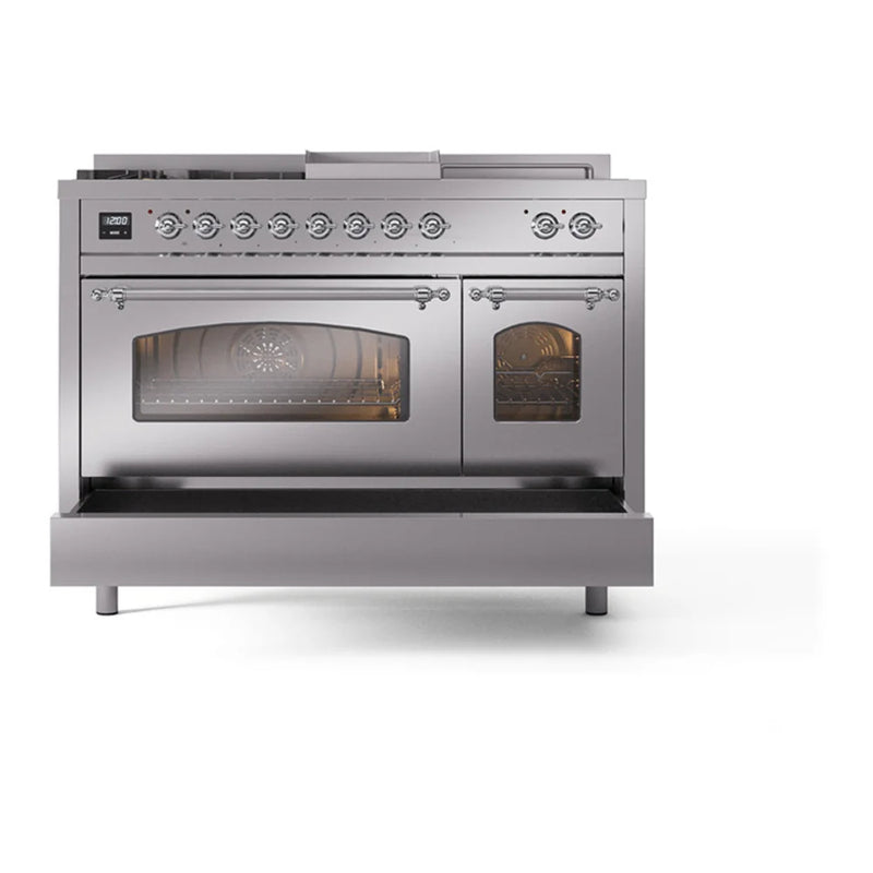 ILVE Nostalgie II 48" Dual Fuel Freestanding Range in Stainless Steel with Chrome Trim, UP48FSNMPSSC
