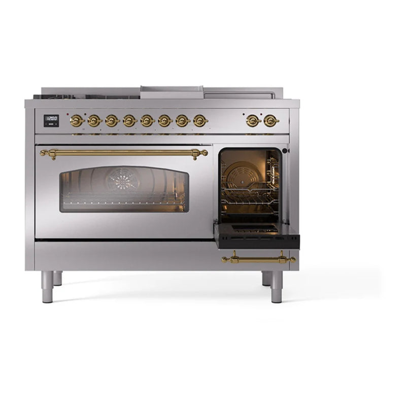 ILVE Nostalgie II 48" Dual Fuel Freestanding Range in Stainless Steel with Brass Trim, UP48FSNMPSSGLP