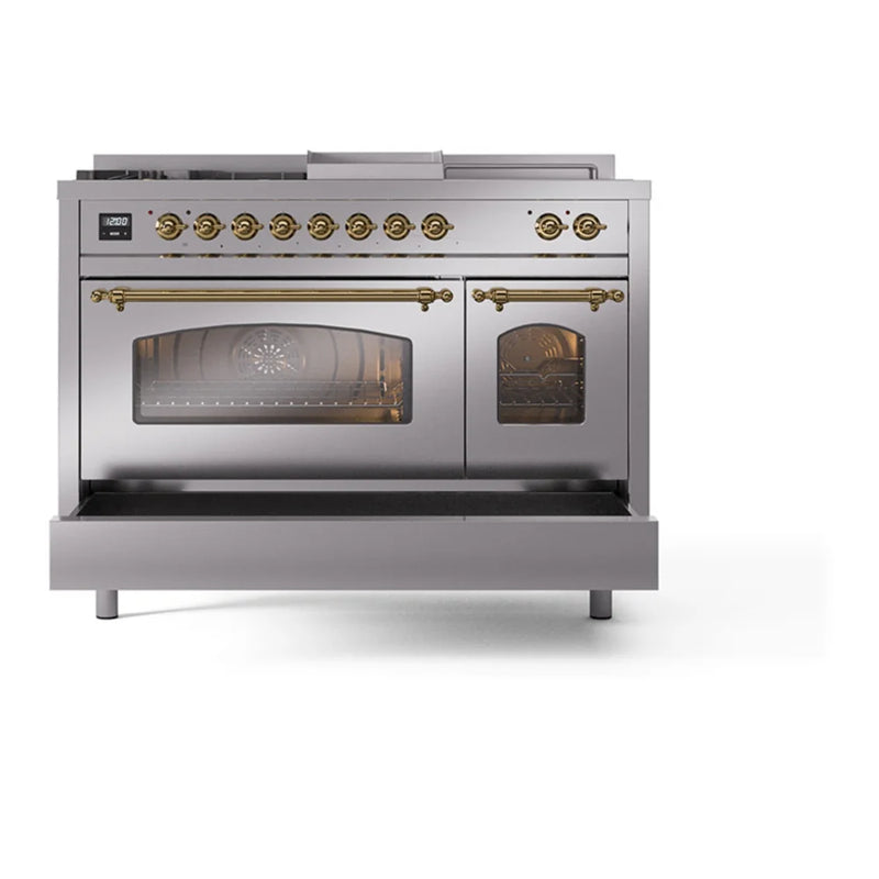ILVE Nostalgie II 48" Dual Fuel Freestanding Range in Stainless Steel with Brass Trim, UP48FSNMPSSGLP