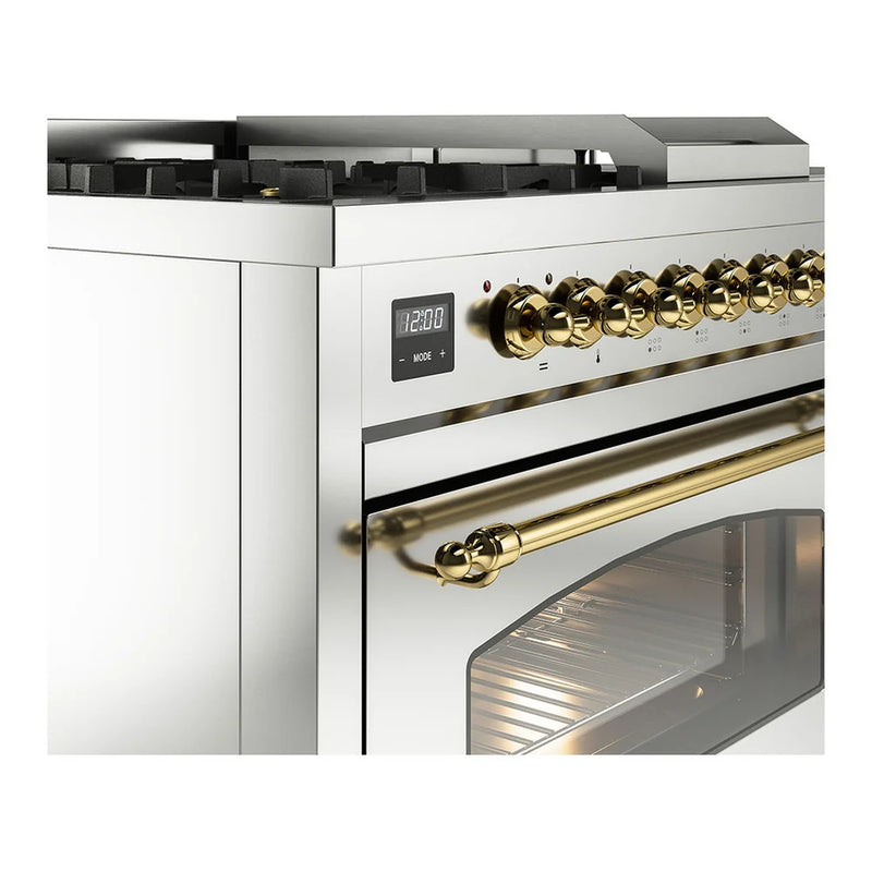 ILVE Nostalgie II 48" Dual Fuel Freestanding Range in Stainless Steel with Brass Trim, UP48FSNMPSSGLP