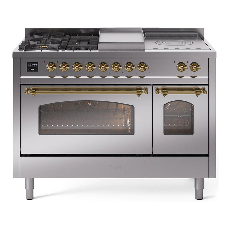 ILVE Nostalgie II 48" Dual Fuel Freestanding Range in Stainless Steel with Brass Trim, UP48FSNMPSSG