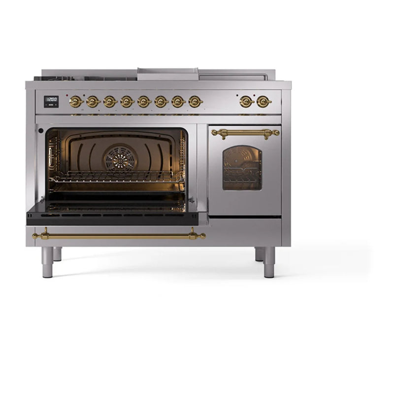 ILVE Nostalgie II 48" Dual Fuel Freestanding Range in Stainless Steel with Brass Trim, UP48FSNMPSSG