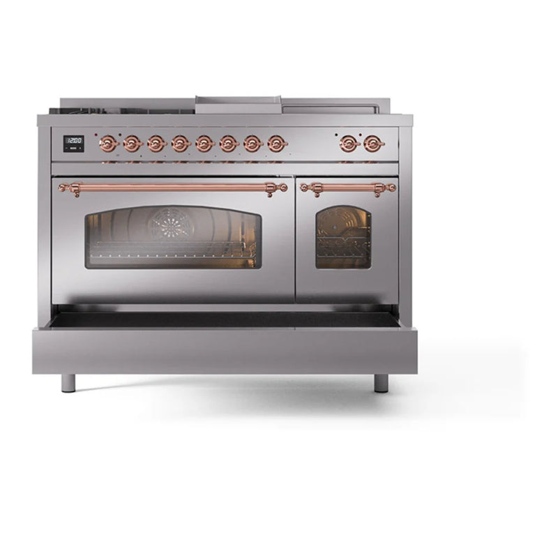 ILVE Nostalgie II 48" Dual Fuel Freestanding Range in Stainless Steel with Copper Trim, UP48FSNMPSSP