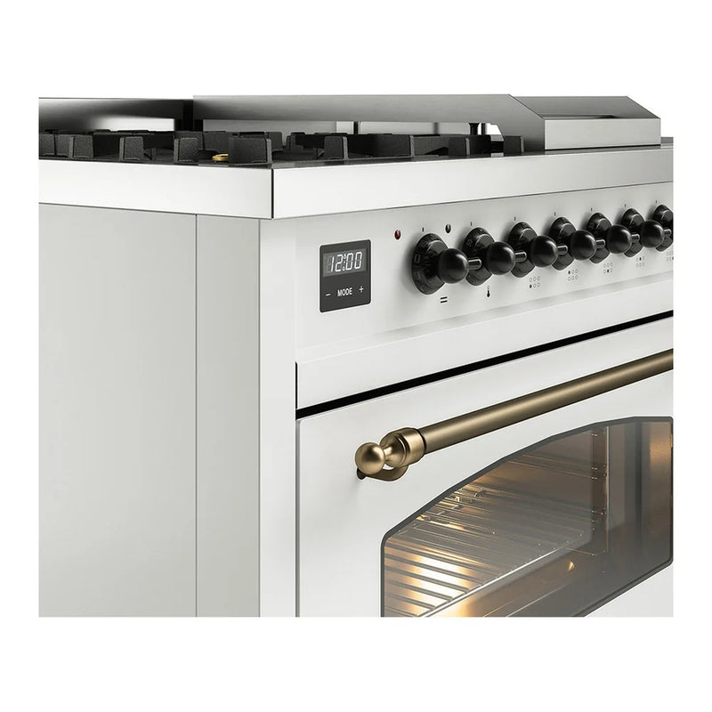 ILVE Nostalgie II 48" Dual Fuel Freestanding Range in White with Burnished Trim, UP48FSNMPWHBLP