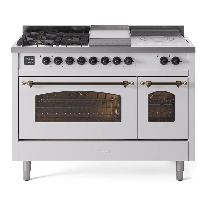 ILVE Nostalgie II 48" Dual Fuel Freestanding Range in White with Burnished Trim, UP48FSNMPWHB