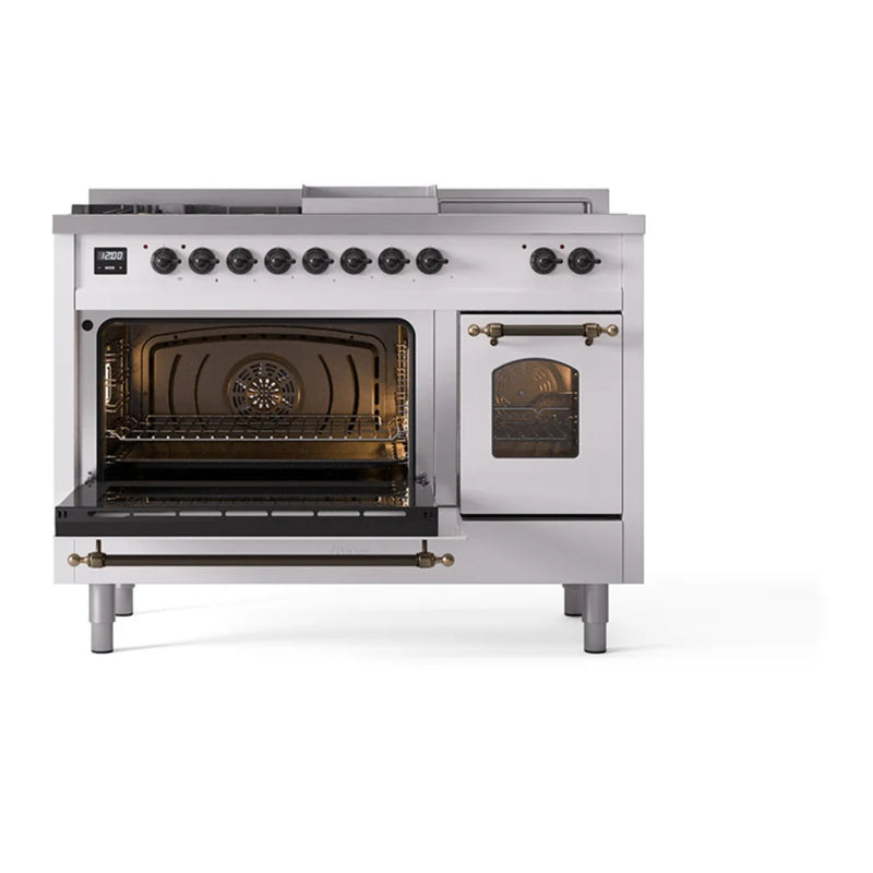 ILVE Nostalgie II 48" Dual Fuel Freestanding Range in White with Burnished Trim, UP48FSNMPWHB