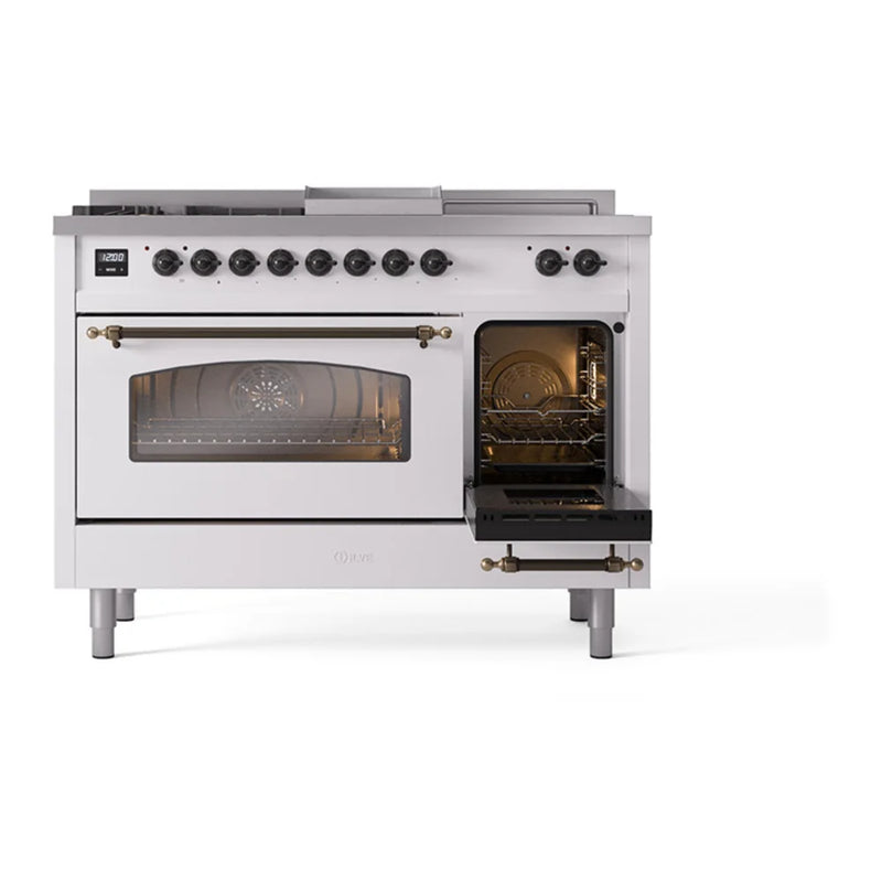 ILVE Nostalgie II 48" Dual Fuel Freestanding Range in White with Burnished Trim, UP48FSNMPWHB