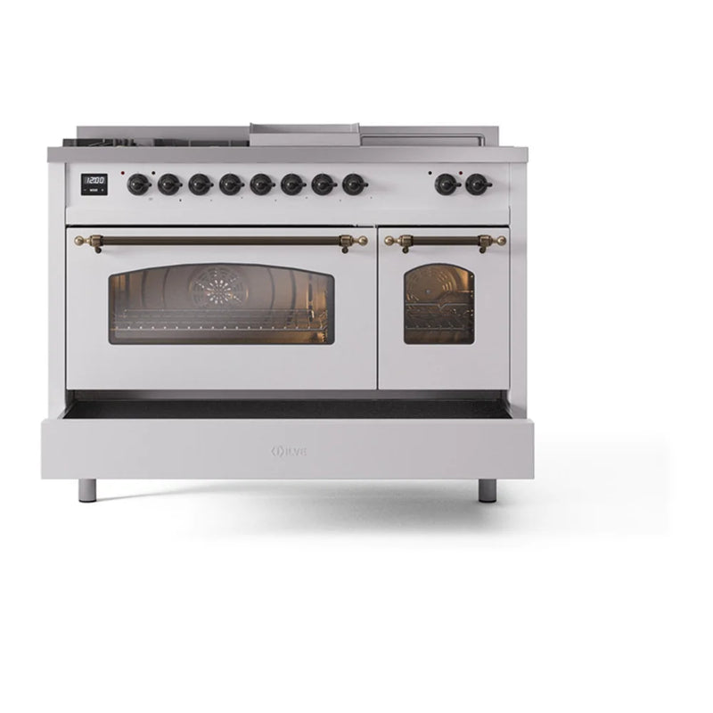 ILVE Nostalgie II 48" Dual Fuel Freestanding Range in White with Burnished Trim, UP48FSNMPWHB