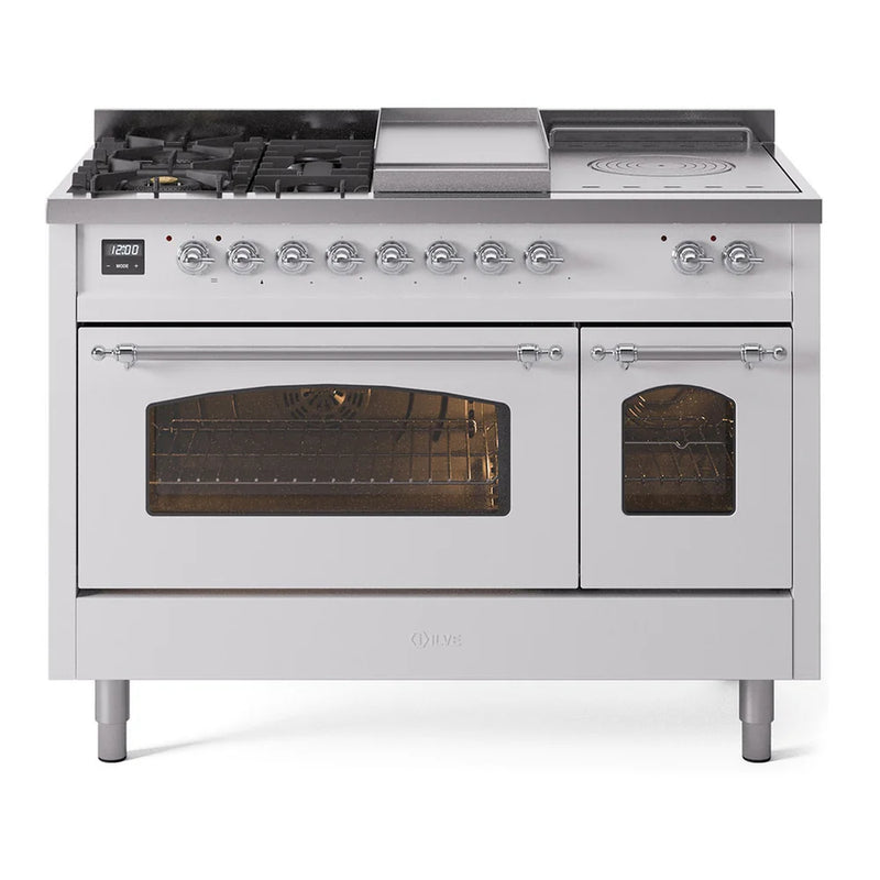 ILVE Nostalgie II 48" Dual Fuel Freestanding Range in White with Chrome Trim, UP48FSNMPWHCLP