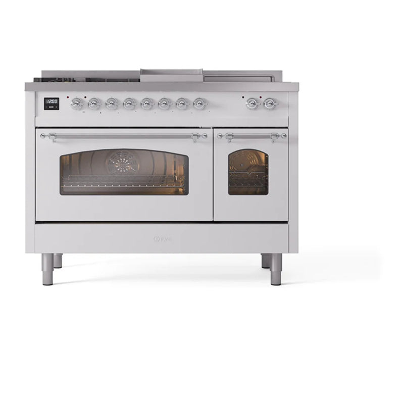 ILVE Nostalgie II 48" Dual Fuel Freestanding Range in White with Chrome Trim, UP48FSNMPWHCLP