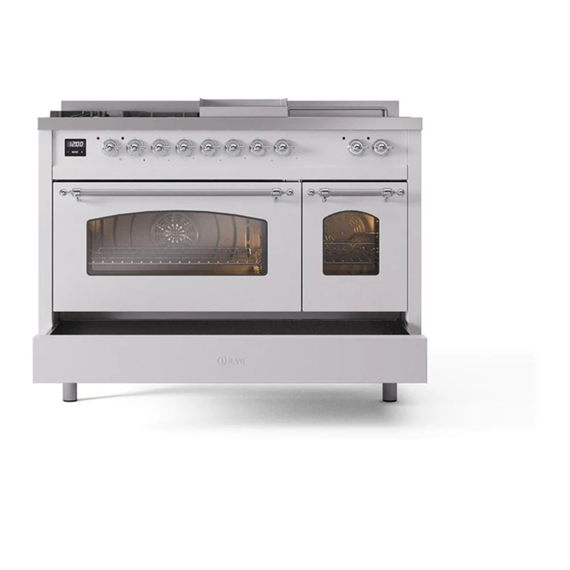 ILVE Nostalgie II 48" Dual Fuel Freestanding Range in White with Chrome Trim, UP48FSNMPWHCLP