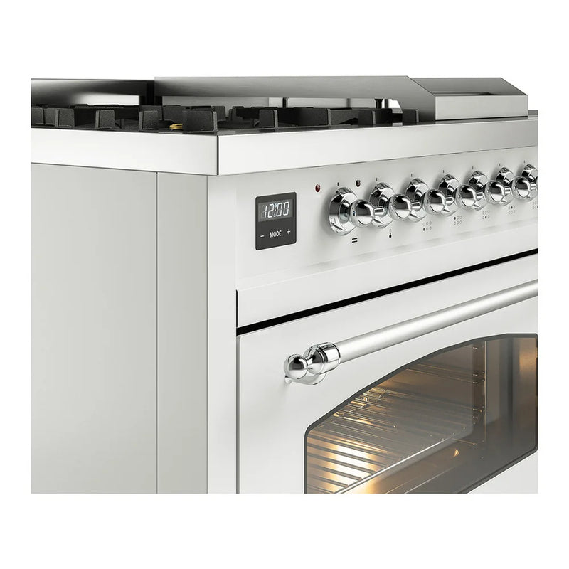 ILVE Nostalgie II 48" Dual Fuel Freestanding Range in White with Chrome Trim, UP48FSNMPWHCLP