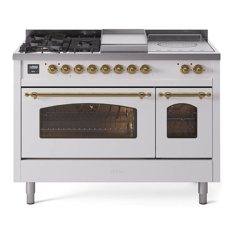 ILVE Nostalgie II 48" Dual Fuel Freestanding Range in White with Brass Trim, UP48FSNMPWHGLP