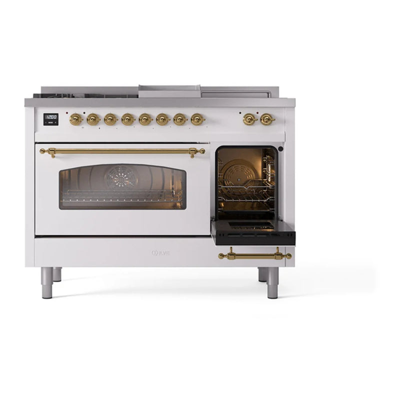 ILVE Nostalgie II 48" Dual Fuel Freestanding Range in White with Brass Trim, UP48FSNMPWHGLP