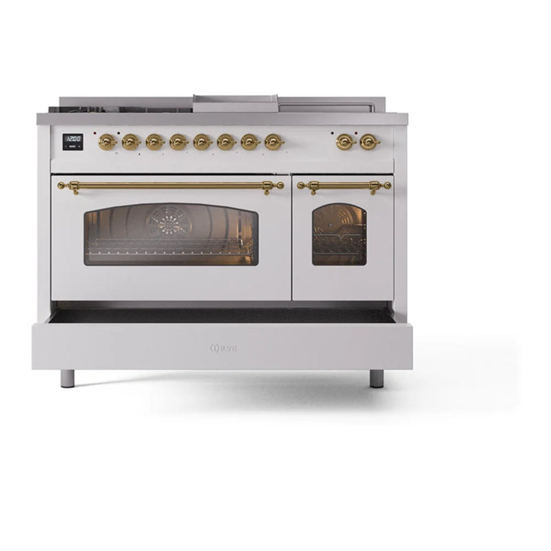 ILVE Nostalgie II 48" Dual Fuel Freestanding Range in White with Brass Trim, UP48FSNMPWHGLP