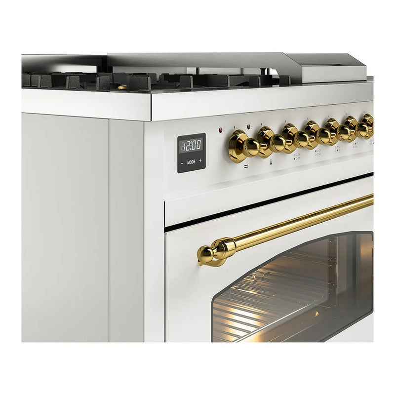 ILVE Nostalgie II 48" Dual Fuel Freestanding Range in White with Brass Trim, UP48FSNMPWHGLP