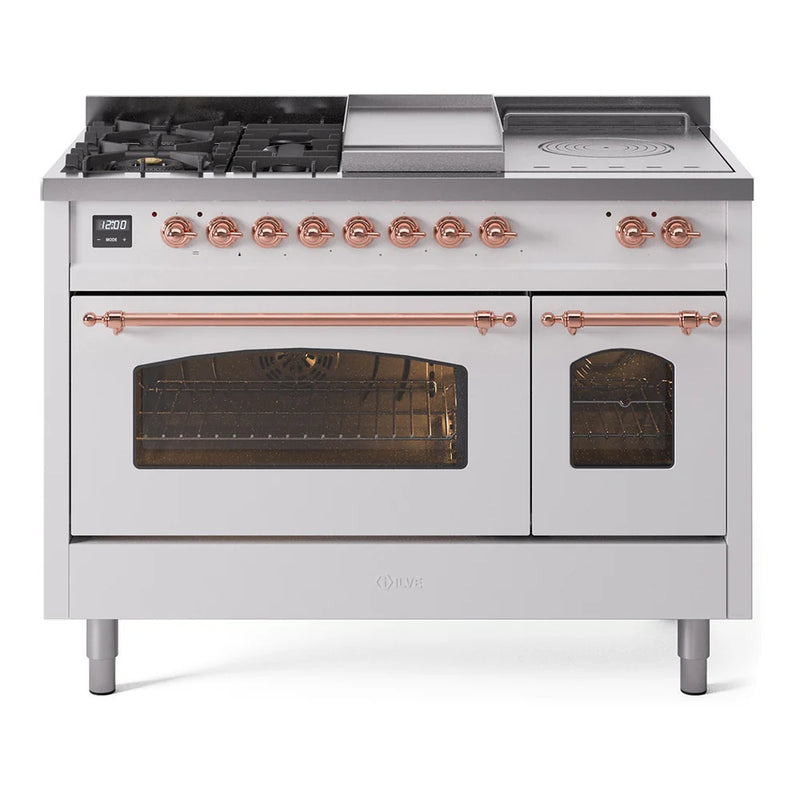 ILVE Nostalgie II 48" Dual Fuel Freestanding Range in White with Copper Trim, UP48FSNMPWHPLP