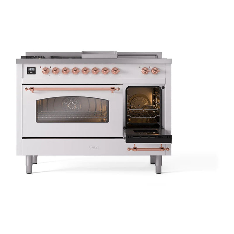 ILVE Nostalgie II 48" Dual Fuel Freestanding Range in White with Copper Trim, UP48FSNMPWHP