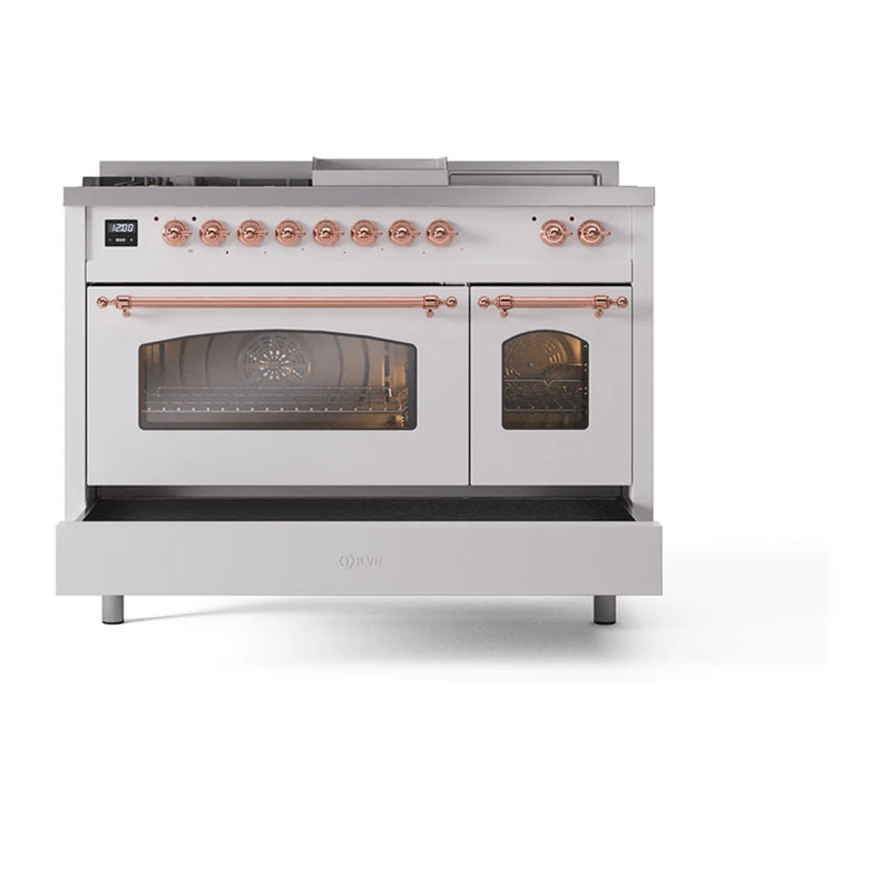 ILVE Nostalgie II 48" Dual Fuel Freestanding Range in White with Copper Trim, UP48FSNMPWHP