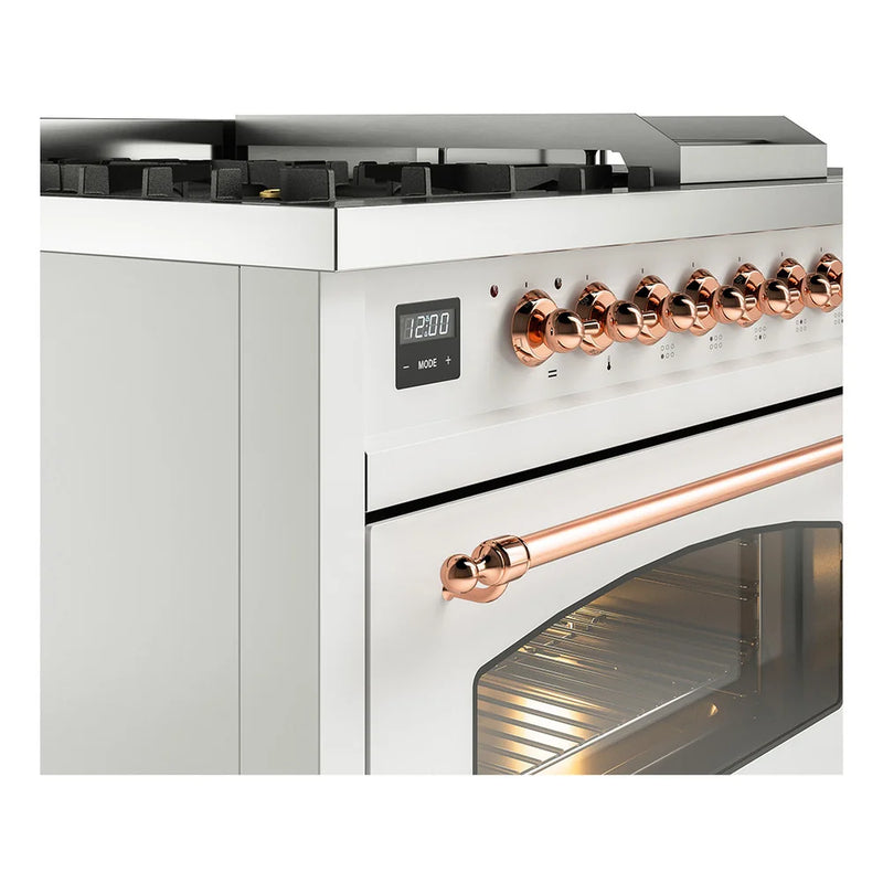 ILVE Nostalgie II 48" Dual Fuel Freestanding Range in White with Copper Trim, UP48FSNMPWHP