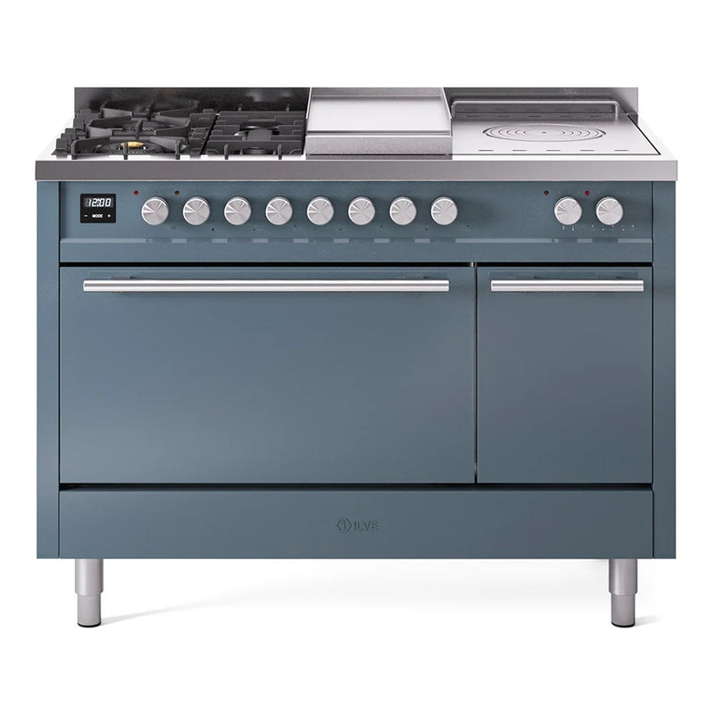 ILVE Professional Plus II 48" Dual Fuel Freestanding Range in Blue Grey with Stainless Steel Trim, UP48FSQMPBGLP