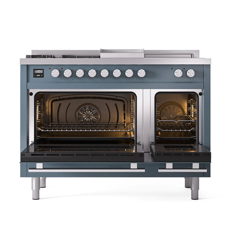ILVE Professional Plus II 48" Dual Fuel Freestanding Range in Blue Grey with Stainless Steel Trim, UP48FSQMPBGLP