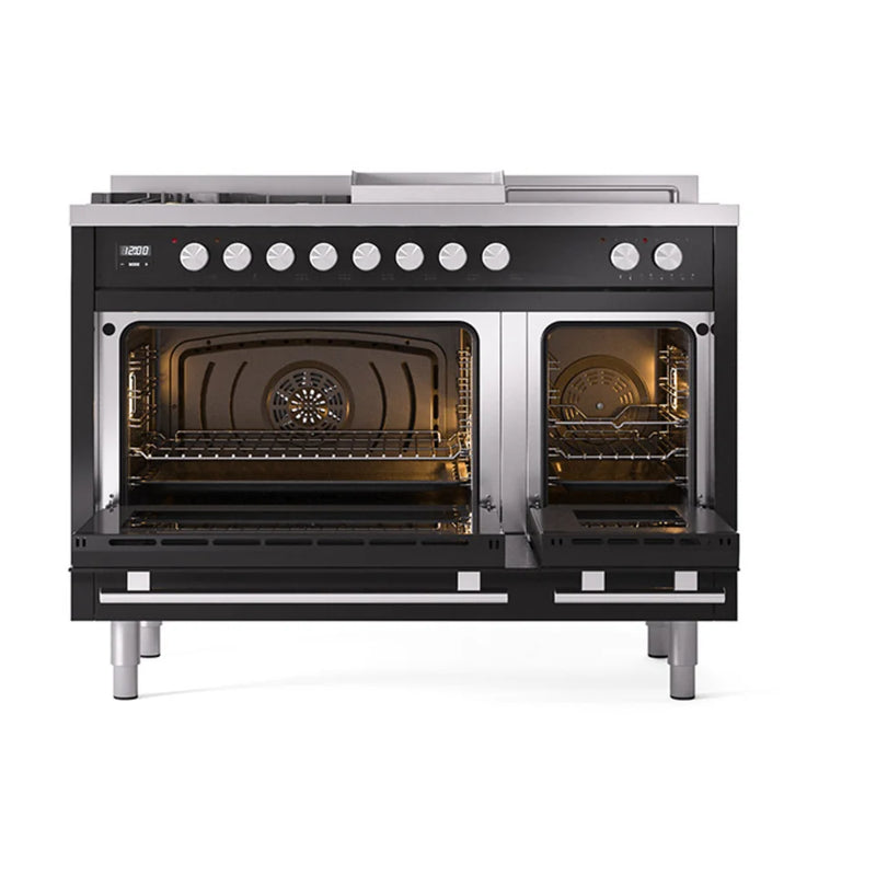ILVE Professional Plus II 48" Dual Fuel Freestanding Range in Glossy Black with Stainless Steel Trim, UP48FSQMPBKLP